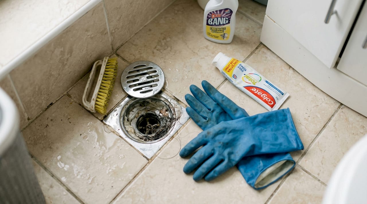 Close-up hair and soap clog in drain