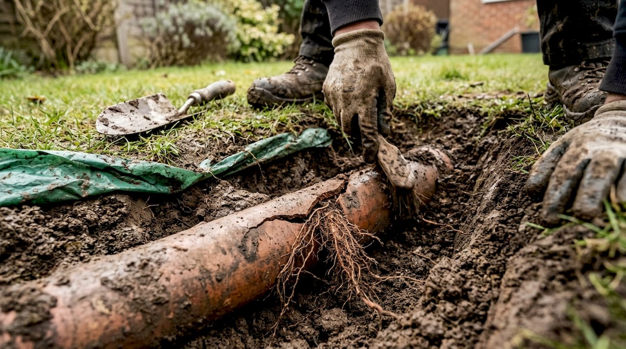 Tree roots growing through cracked outdoor pipe