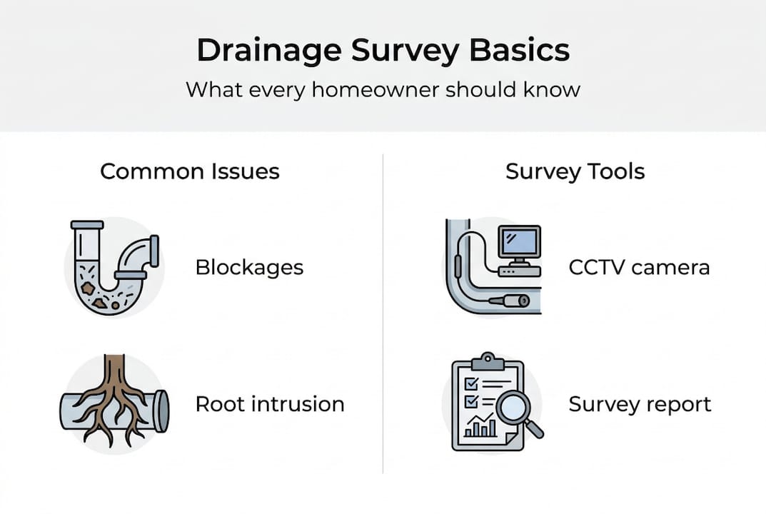 Infographic showing drainage survey basics and tools