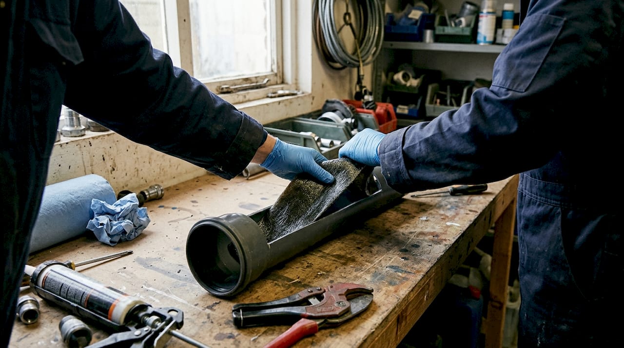 Hand inserting liner into PVC drain pipe