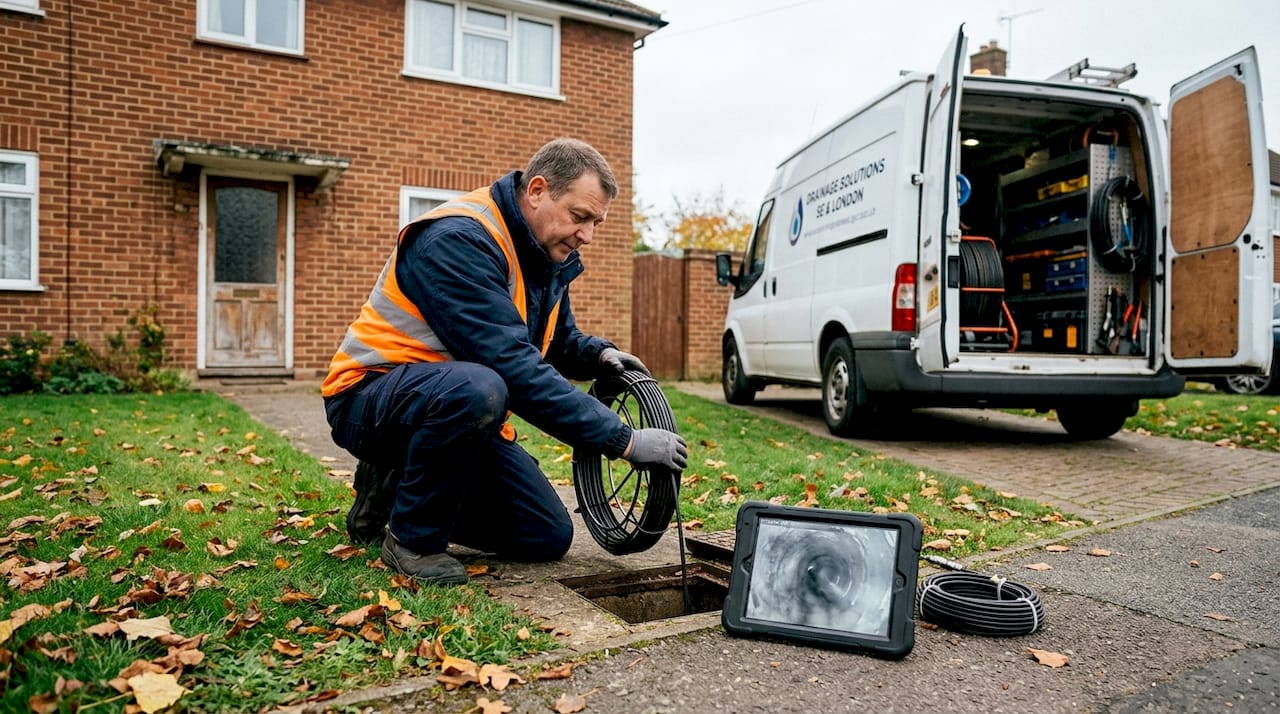 Engineer feeds CCTV camera into residential drain