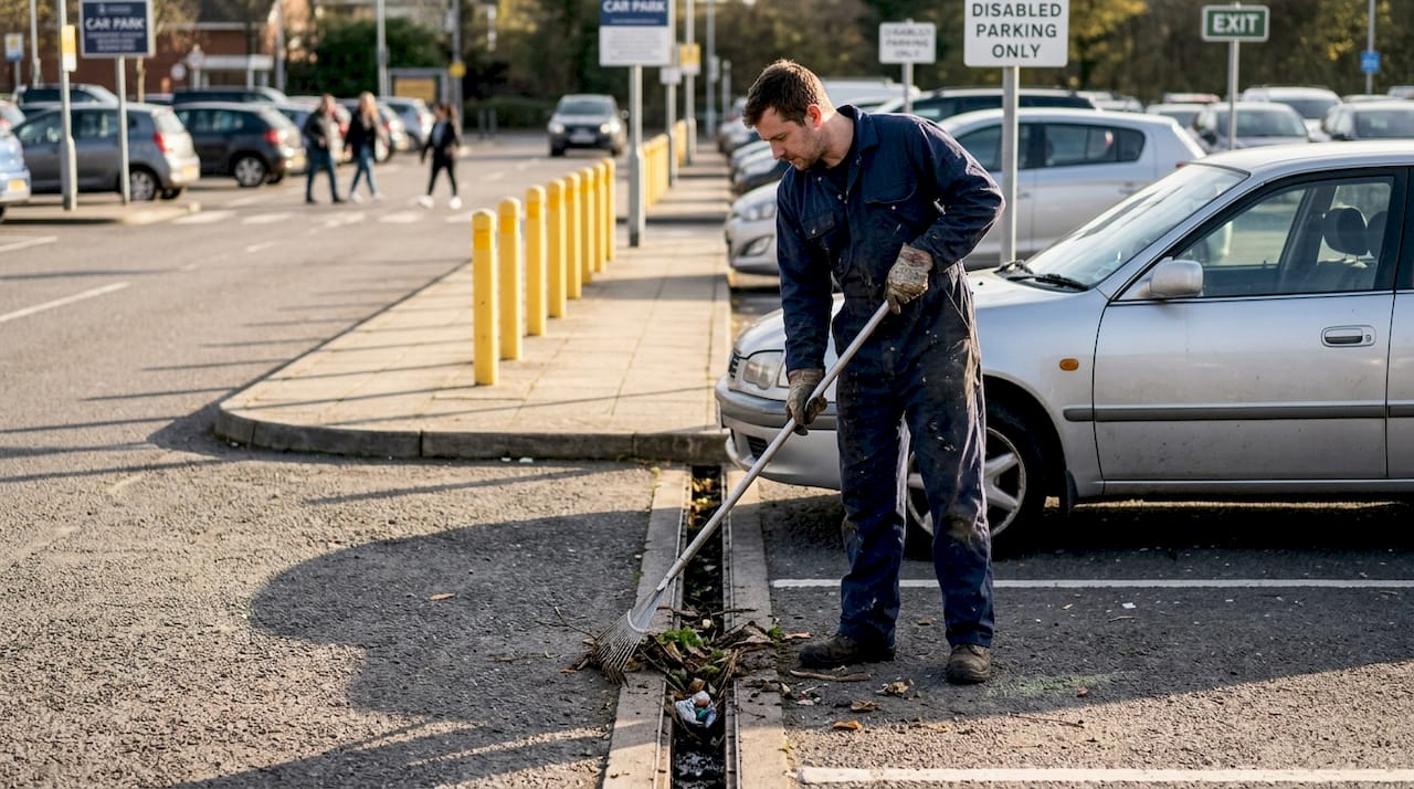 Worker unclogs trench drain in car park