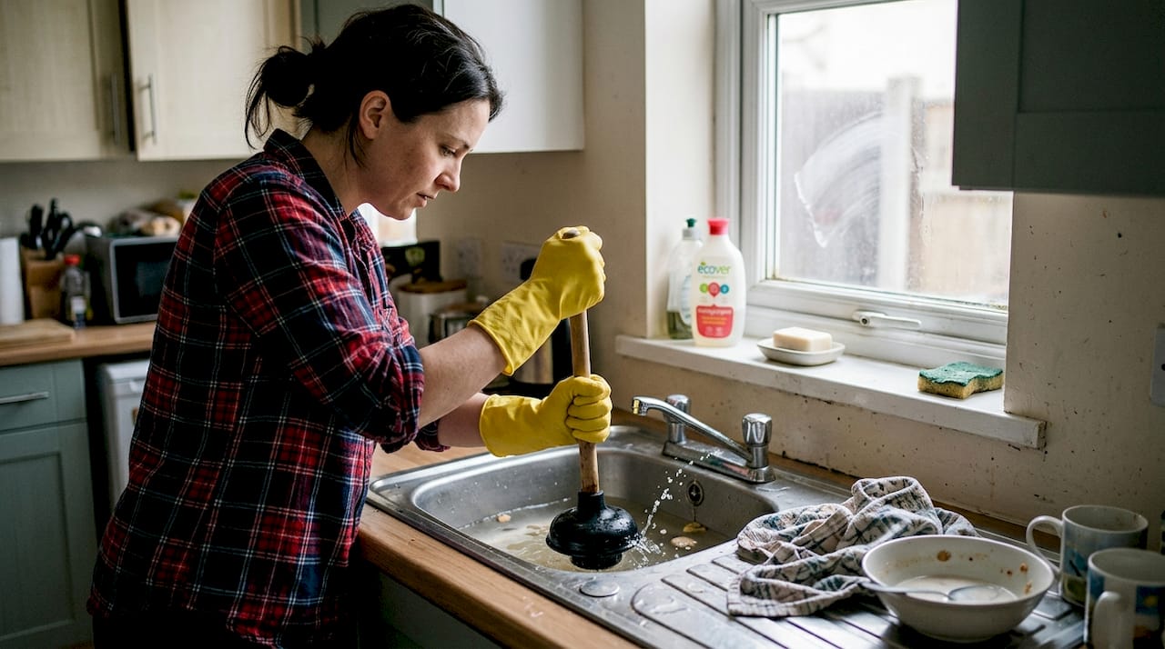 Woman unblocking kitchen sink with plunger