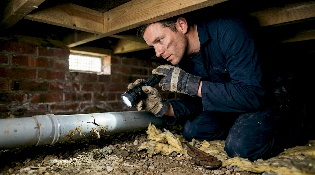 Plumber inspecting cracked drain pipe below house
