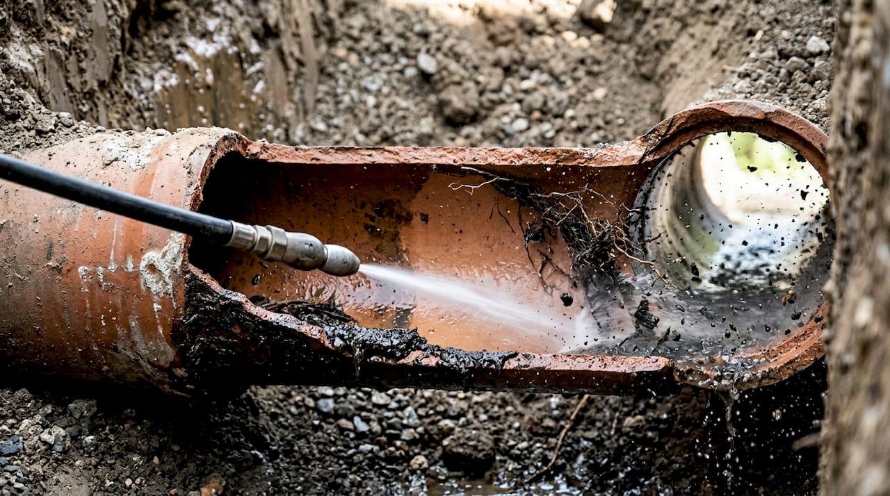 Jetting water cleaning interior drain pipe