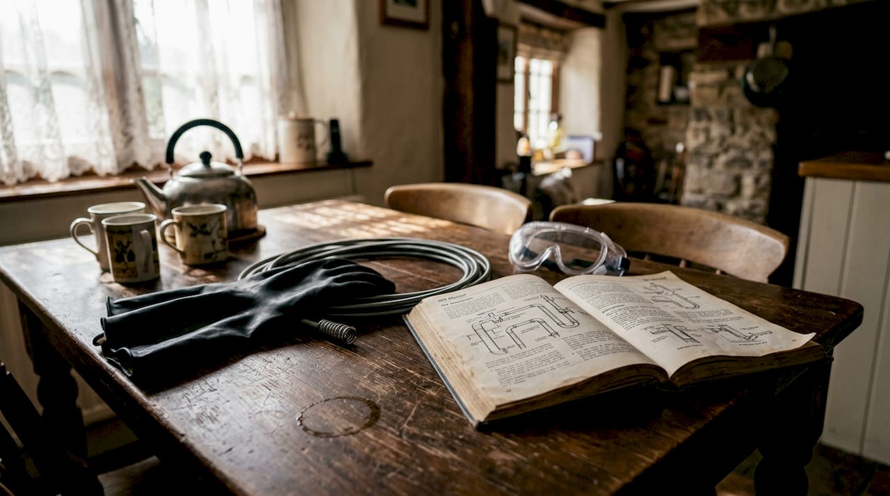 Drain repair tools and safety gear on kitchen table