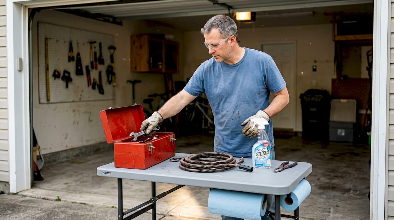 Home drain cleaning tools and safety gear
