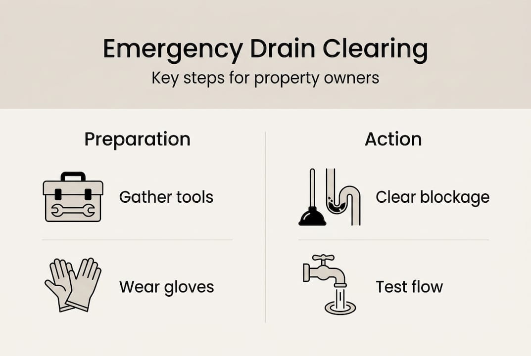 Infographic showing emergency drain clearing steps