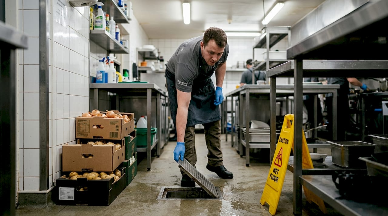 Kitchen worker checks blocked floor drain