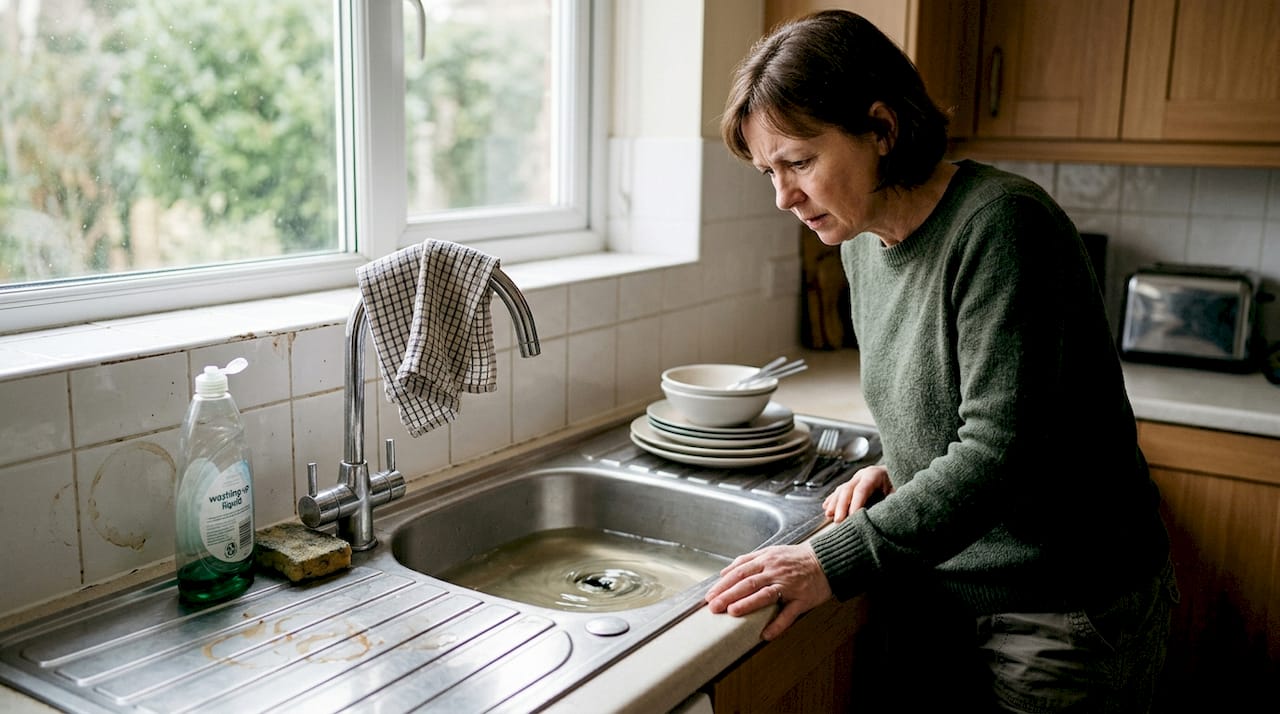 Woman checks slow draining kitchen sink