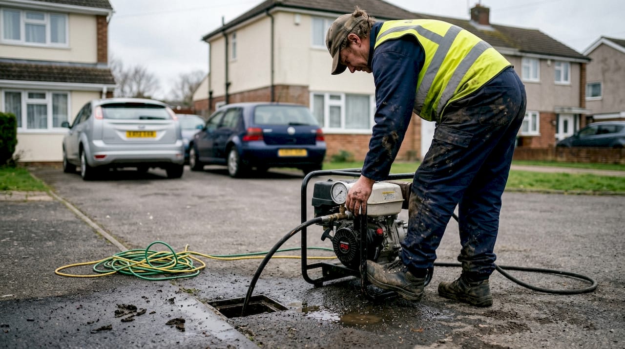 Technician using high-pressure jet for root removal