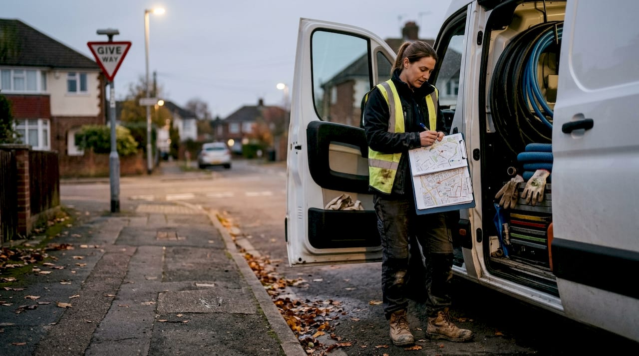 Drainage specialist checking map beside van