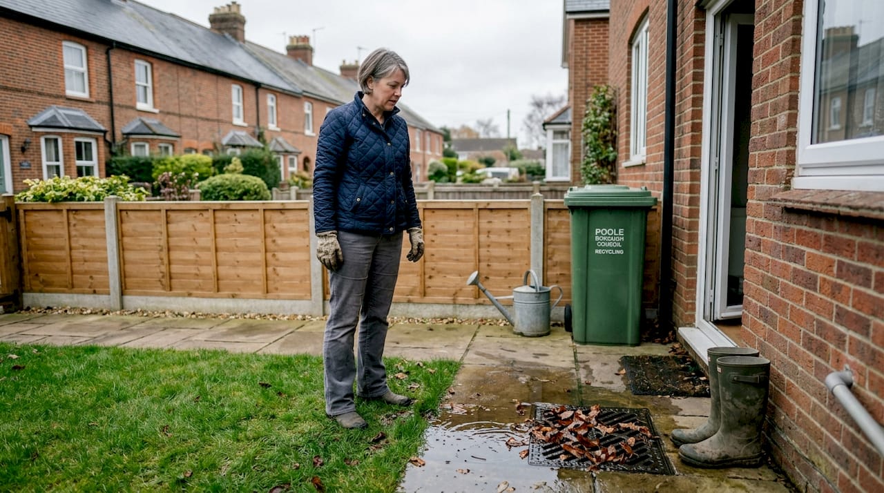 Water pooling near blocked garden drain