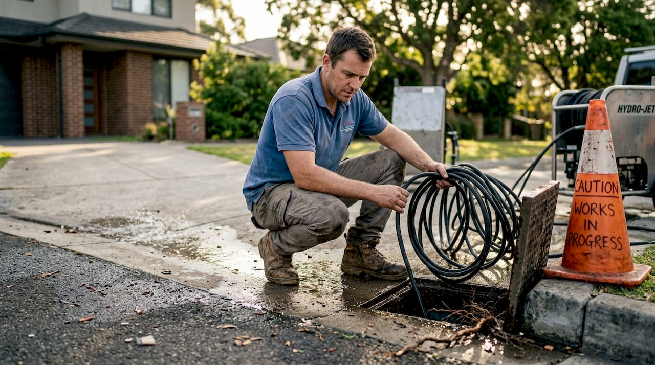 Hydro-jetting technician clearing roots in drain