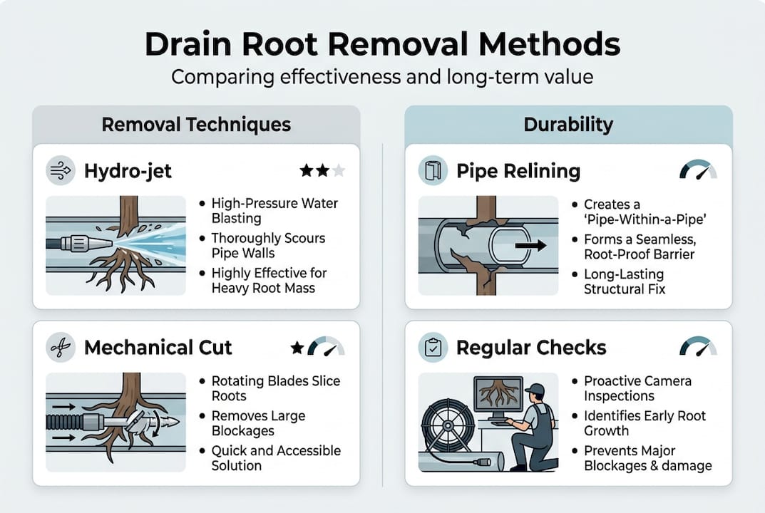 Infographic comparing drain root removal methods