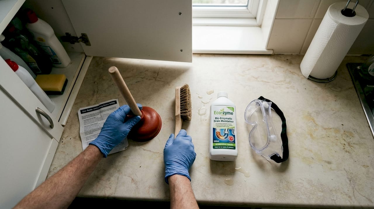 Drain tools and safety gear on counter