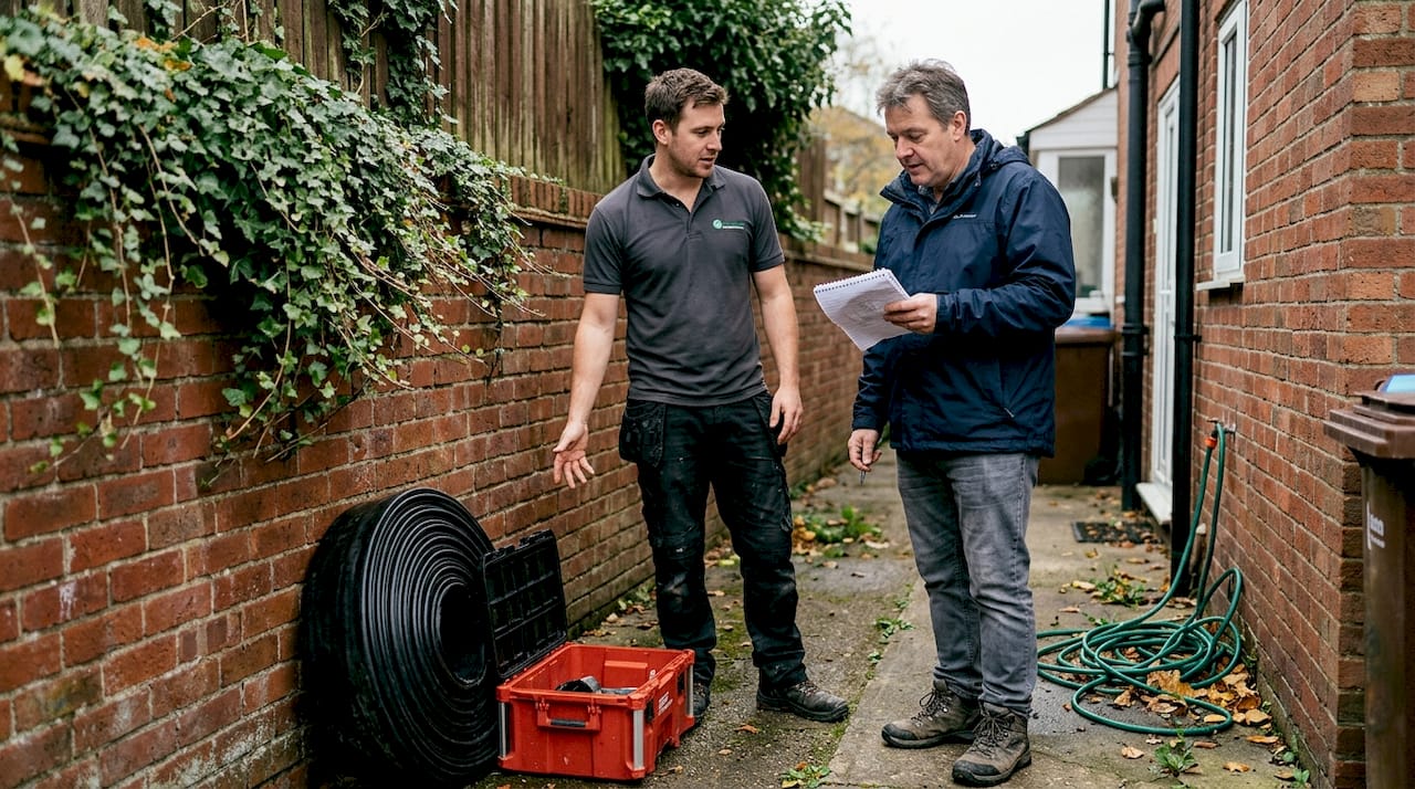 Homeowner listening to drain relining explanation