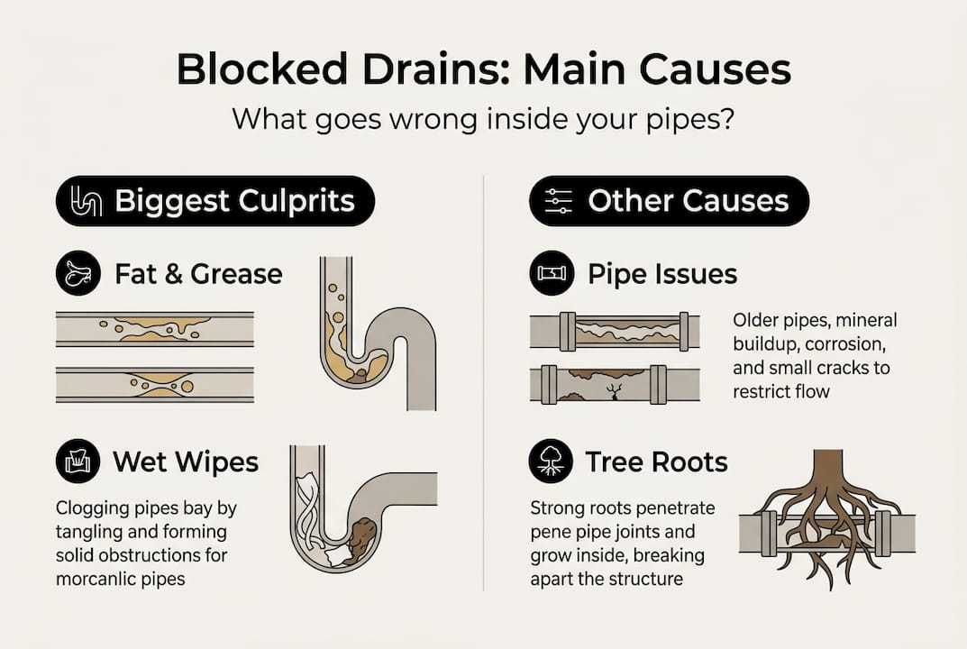 Infographic showing main blocked drain causes