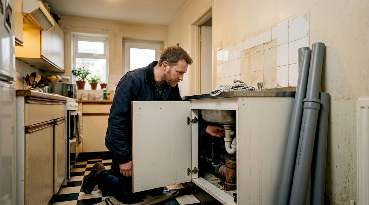 Technician inspecting clay drainage pipe under kitchen sink