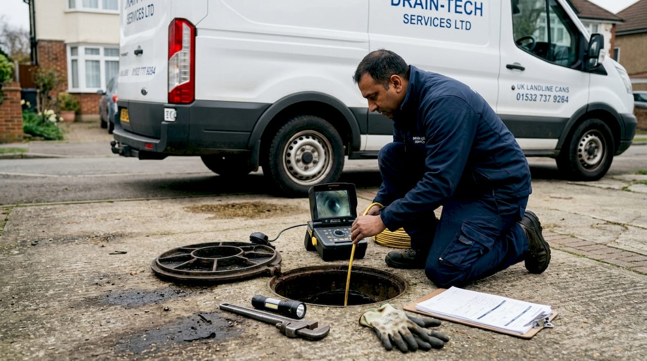 Technician performs CCTV drain inspection