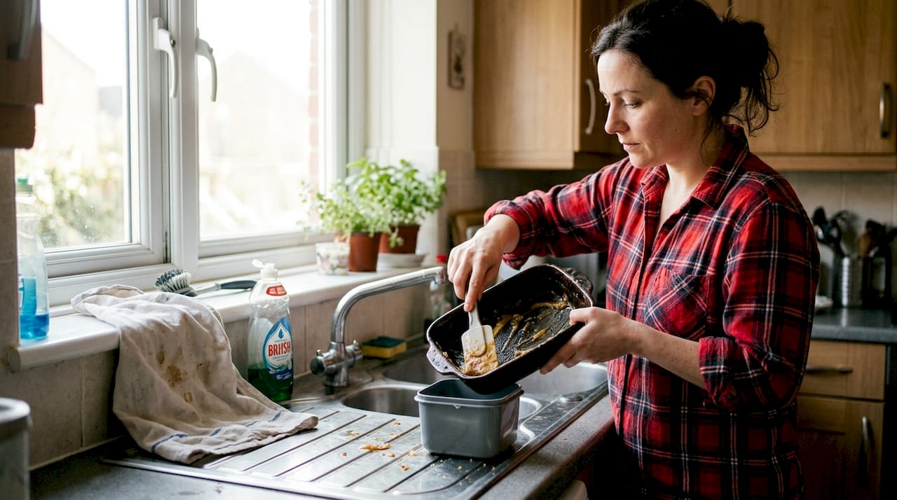 Person scrapes grease near kitchen sink drain