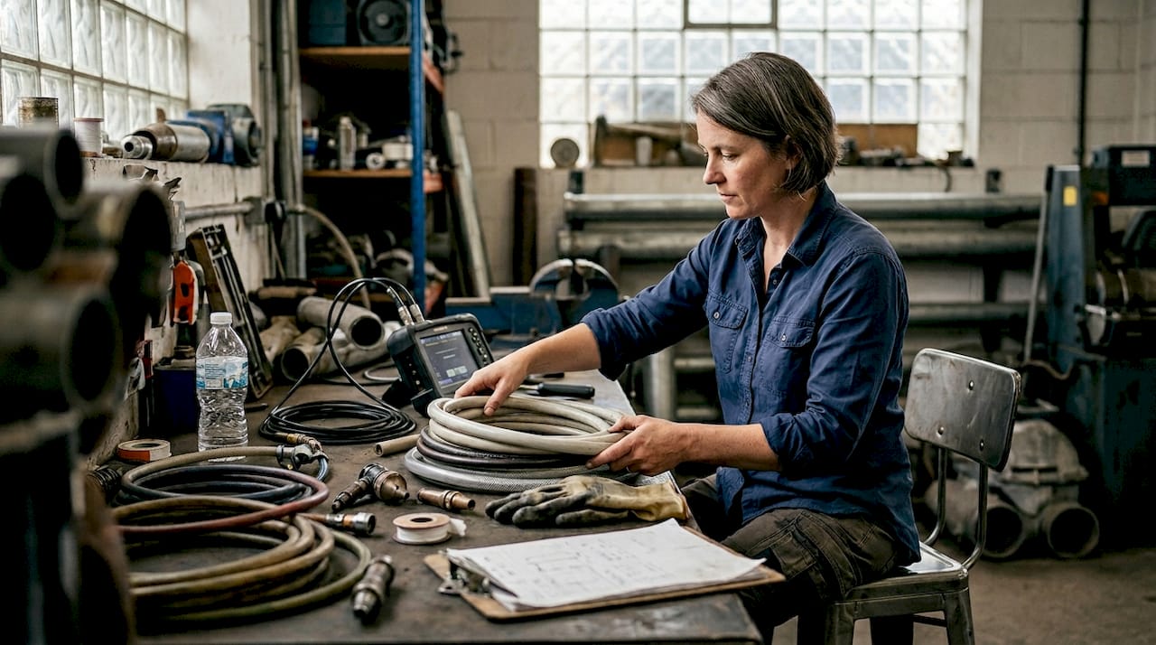 Engineer preparing tools for drain relining in garage