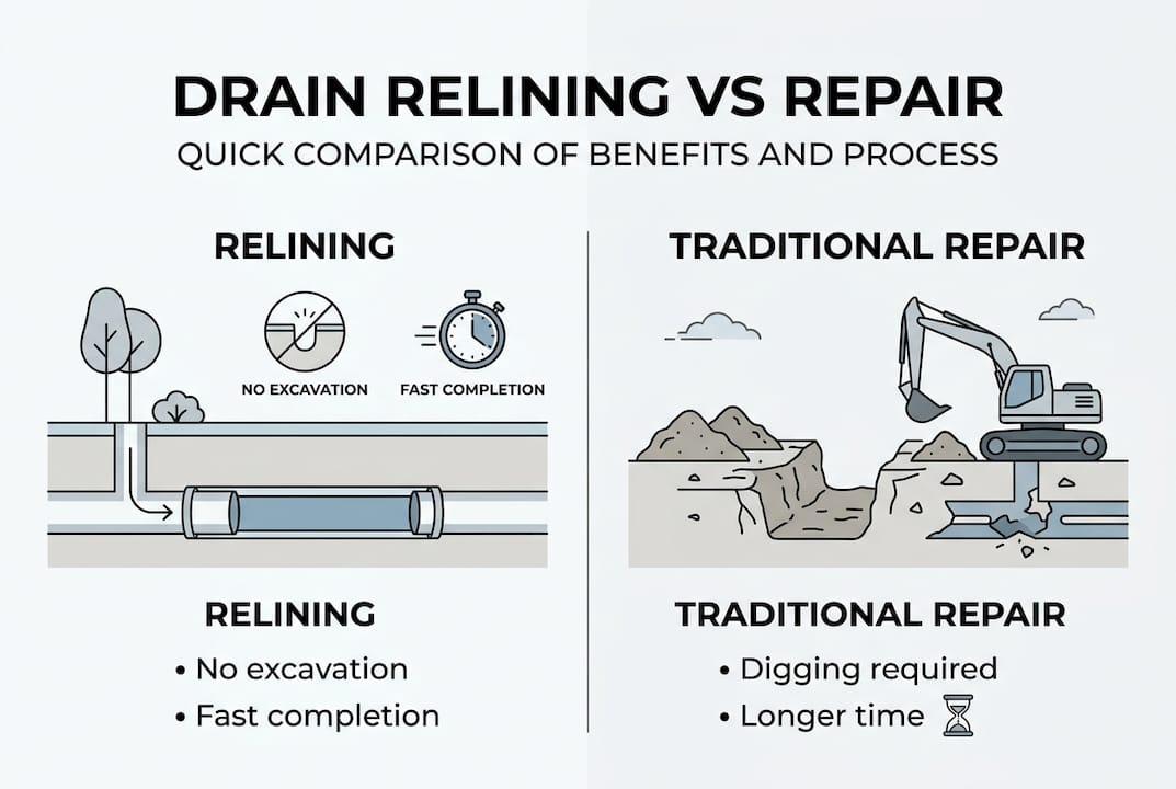 Infographic comparing relining and traditional drain repair