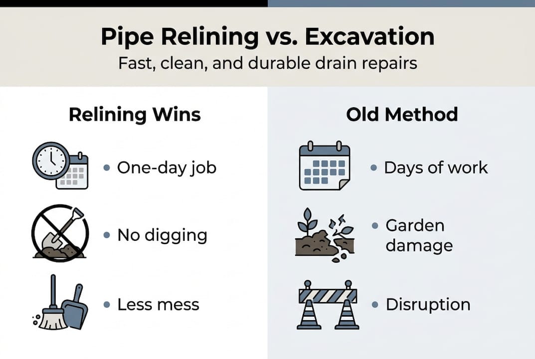 Pipe relining versus excavation comparison infographic