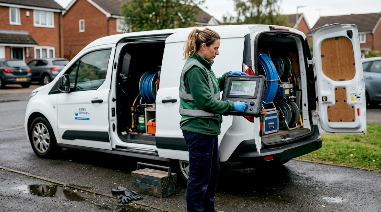 Technician operates pipe relining equipment driveway