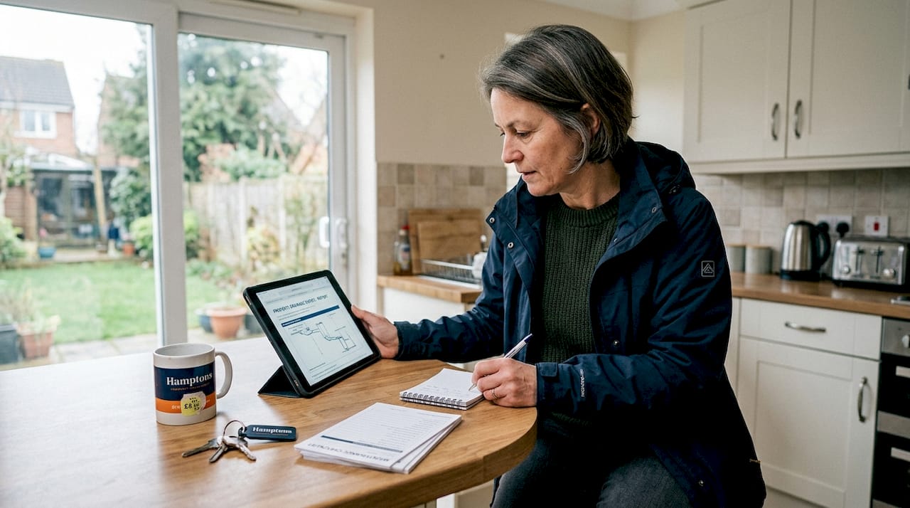 Property manager reviews drain survey report at home