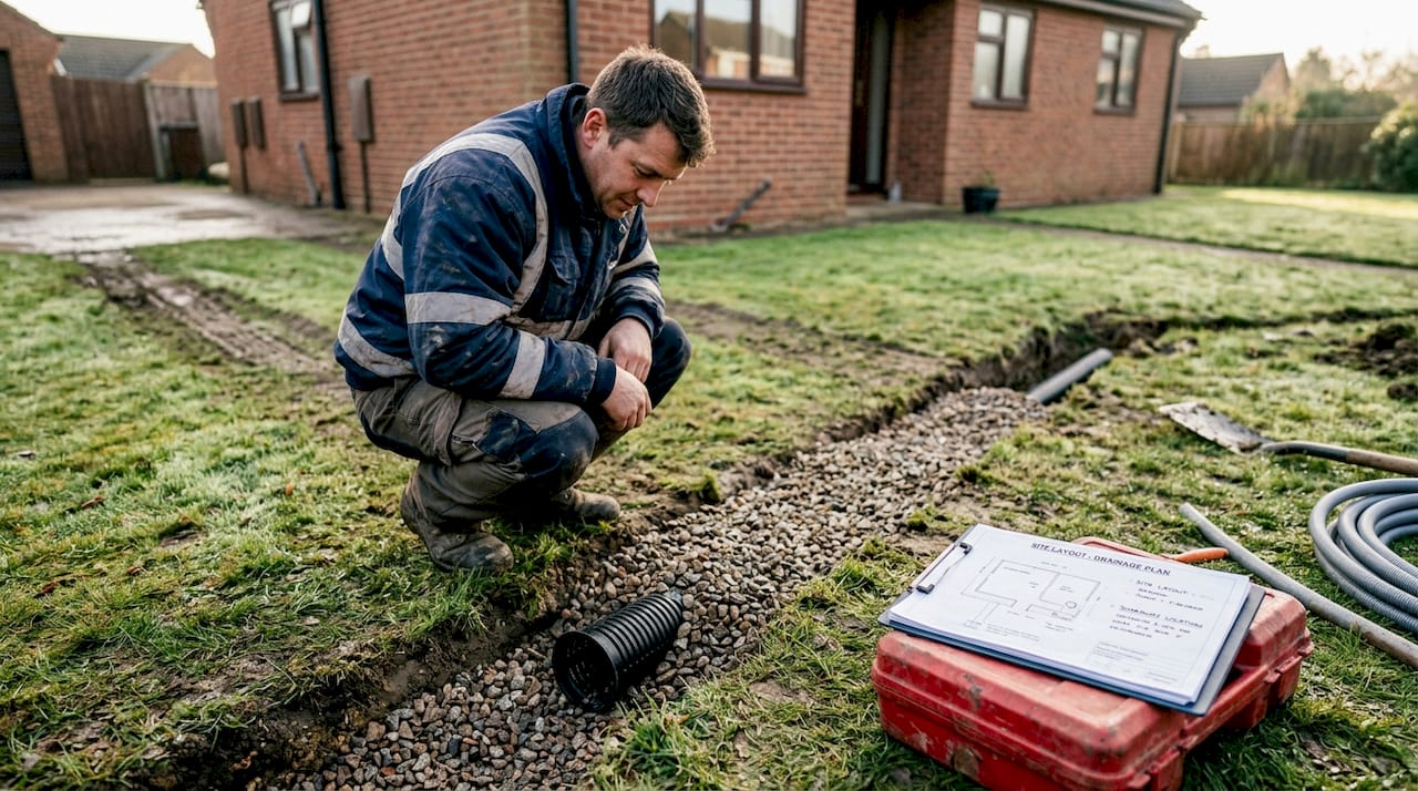Contractor installing subsurface drainage pipe system
