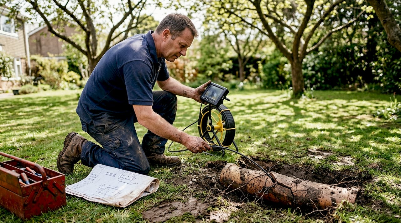 Technician inspecting pipe for tree root blockage