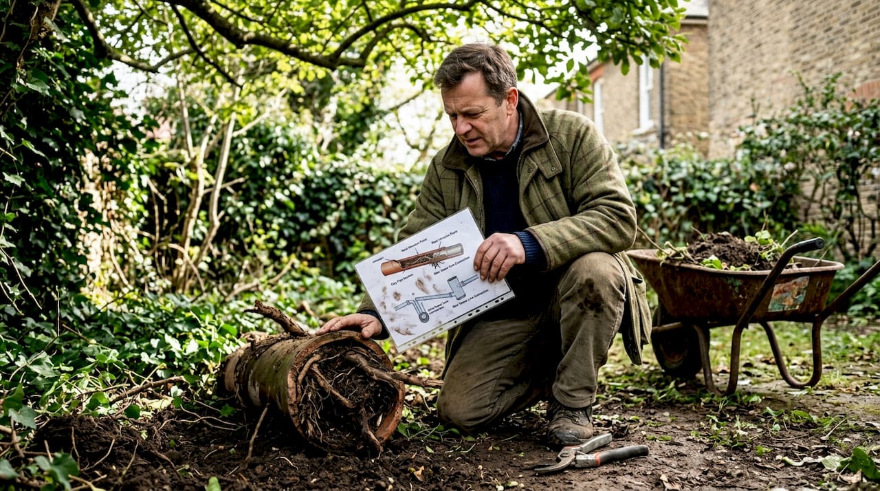 Property manager inspects root-blocked clay pipe