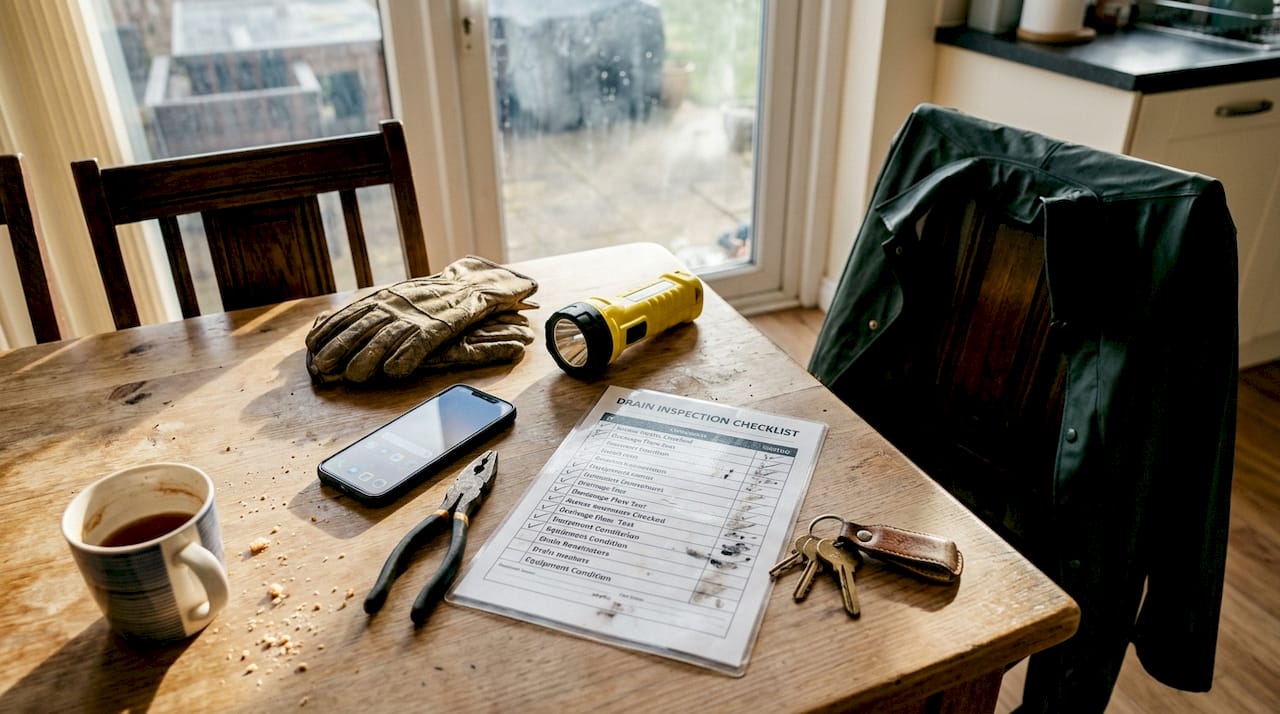 Drain inspection tools laid out on kitchen table