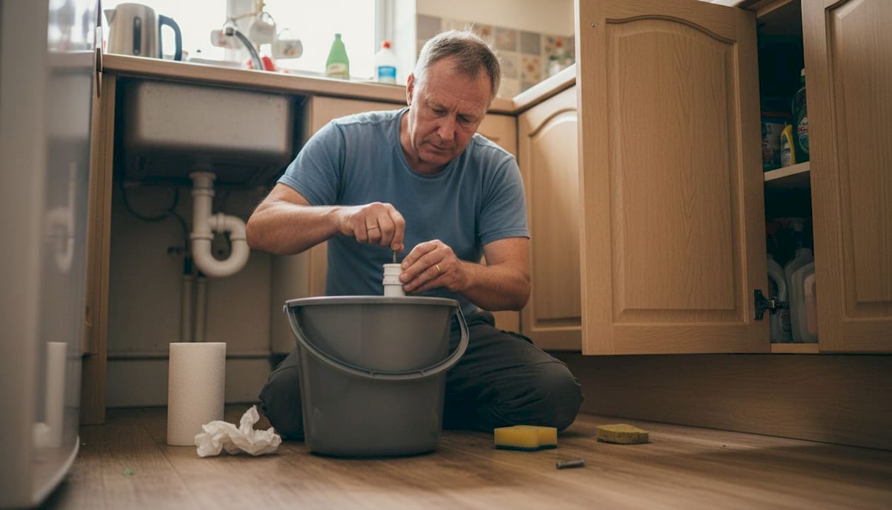 Man cleaning U-bend pipe under kitchen sink