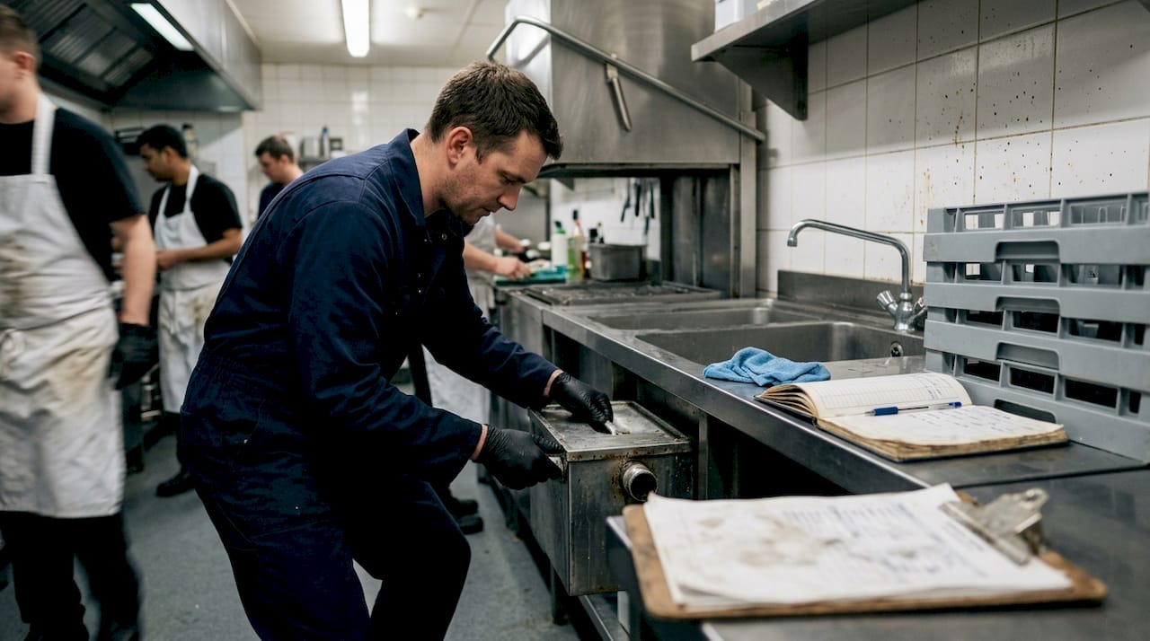 Worker maintaining commercial kitchen grease trap