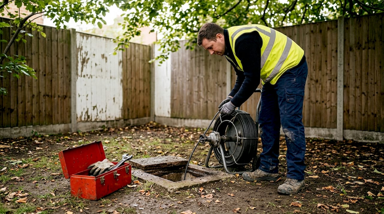 Technician using drain snake in backyard