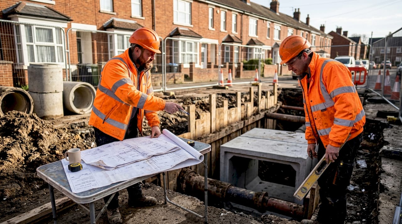 Engineers at modern drainage repair excavation