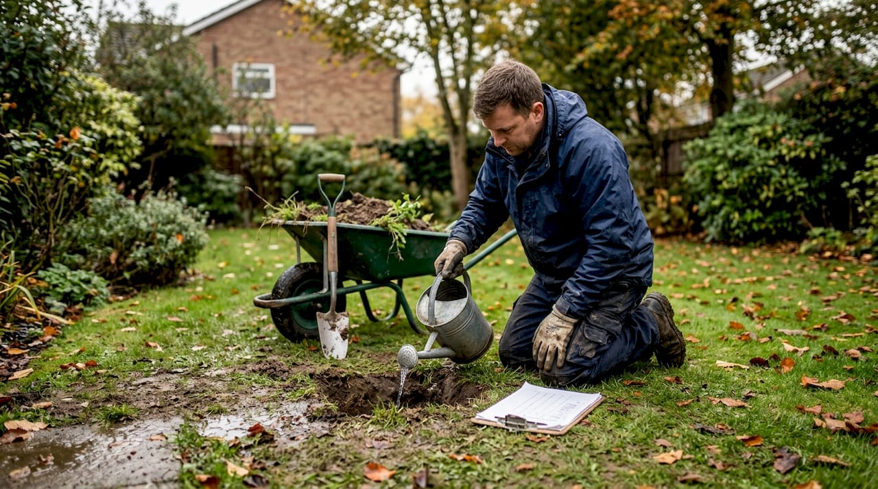 Garden contractor conducting soil drainage test