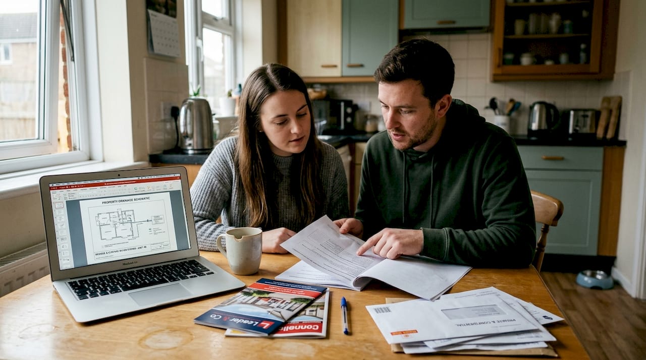 Couple reviewing drain inspection report at kitchen table