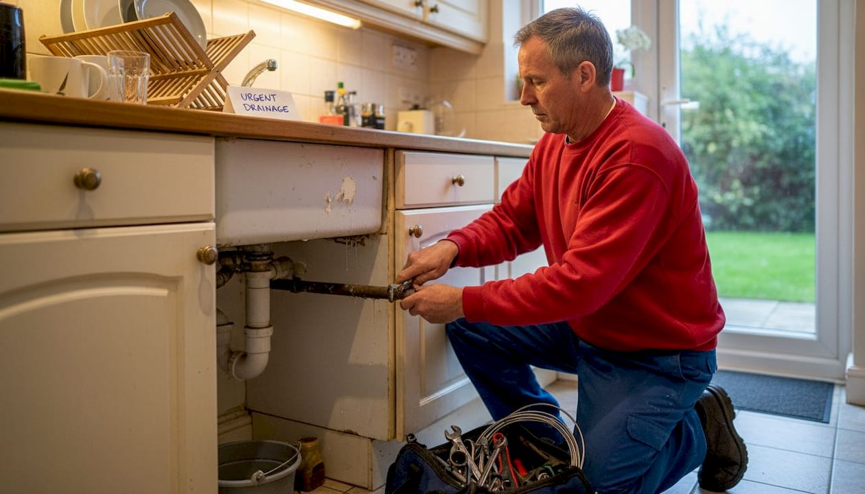 Plumber fixing emergency kitchen drain issue
