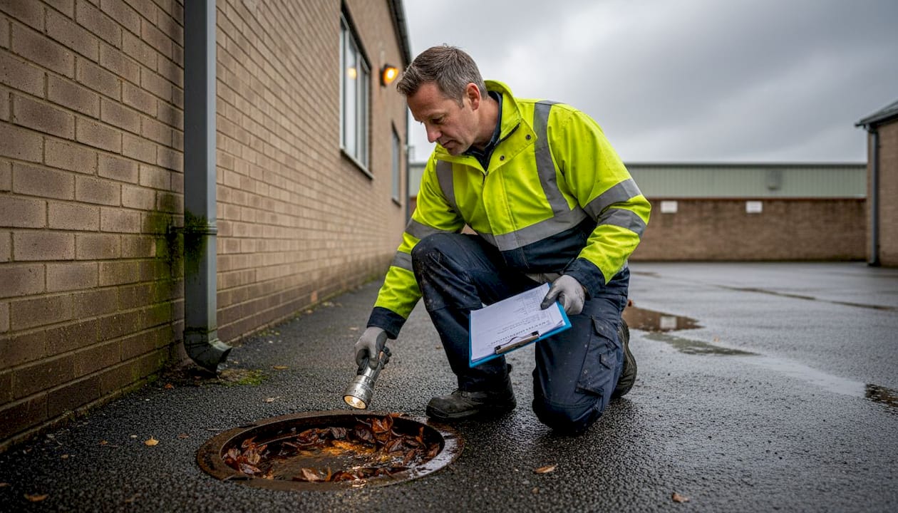 Technician checks blocked outdoor business drain