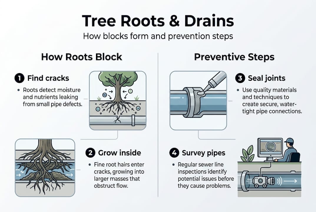 Infographic showing root blockages and prevention steps