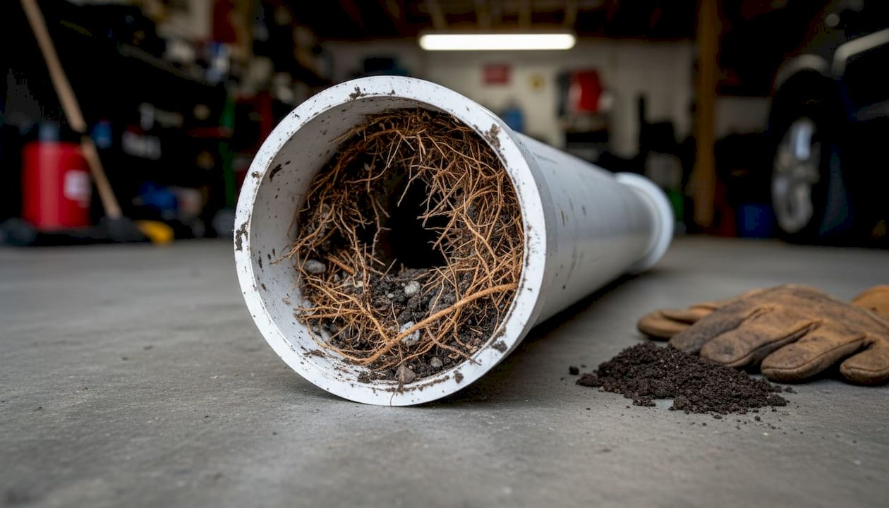 Tree roots inside cut-open drain pipe