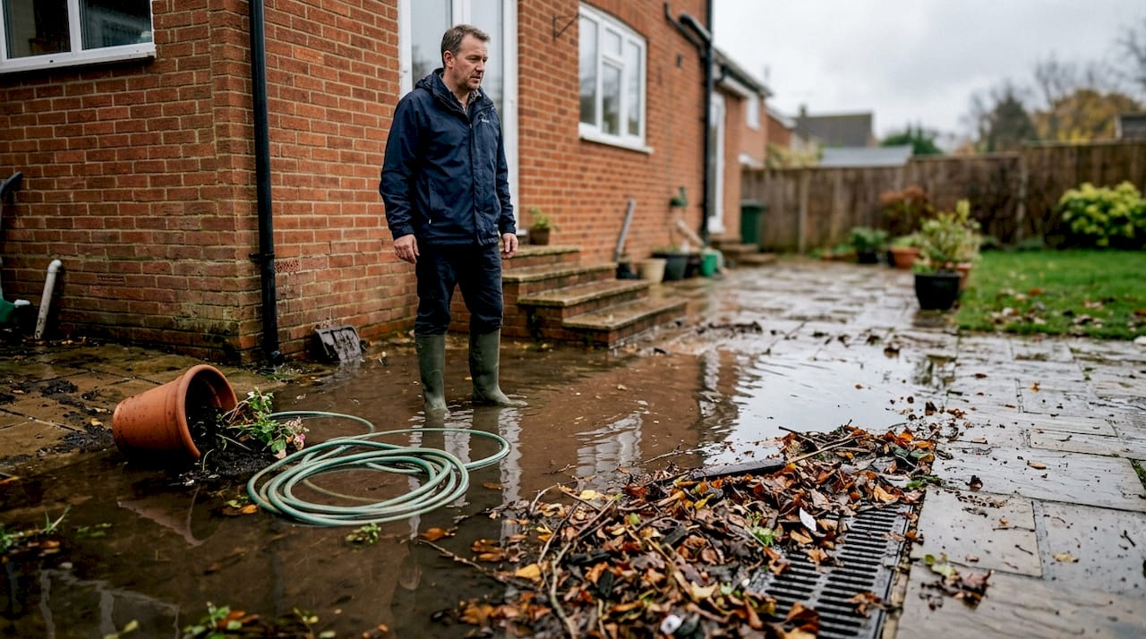 Flooding from blocked drain near house