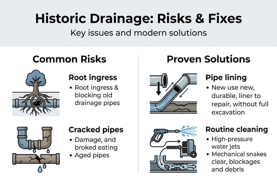 Infographic showing main risks and fixes for old drains