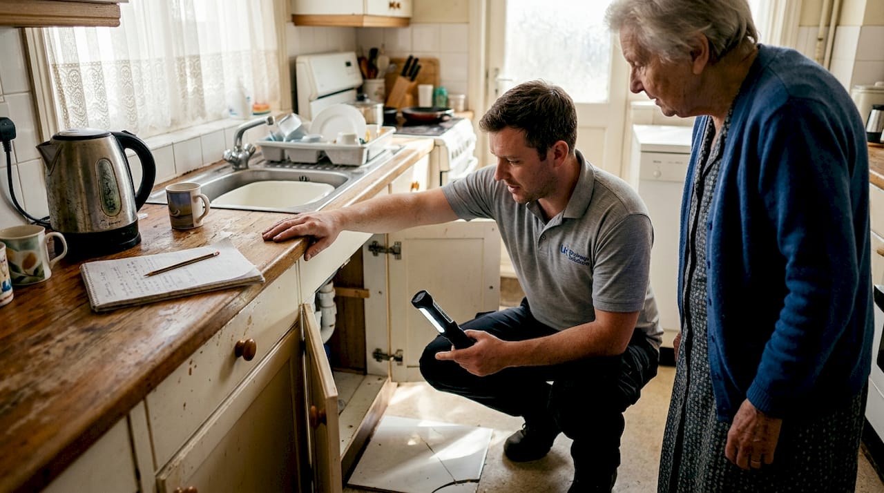 Surveyor inspecting kitchen drain in old house