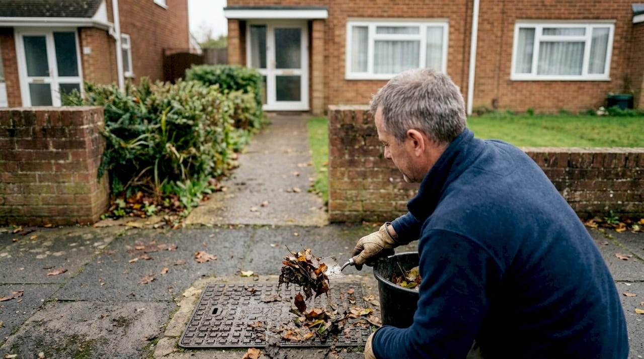 Man checking debris on outdoor drain cover