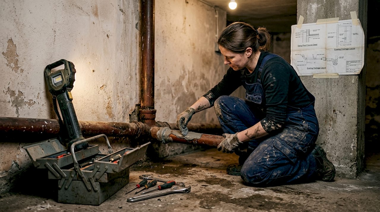 Tradesperson repairing clay drainage in basement