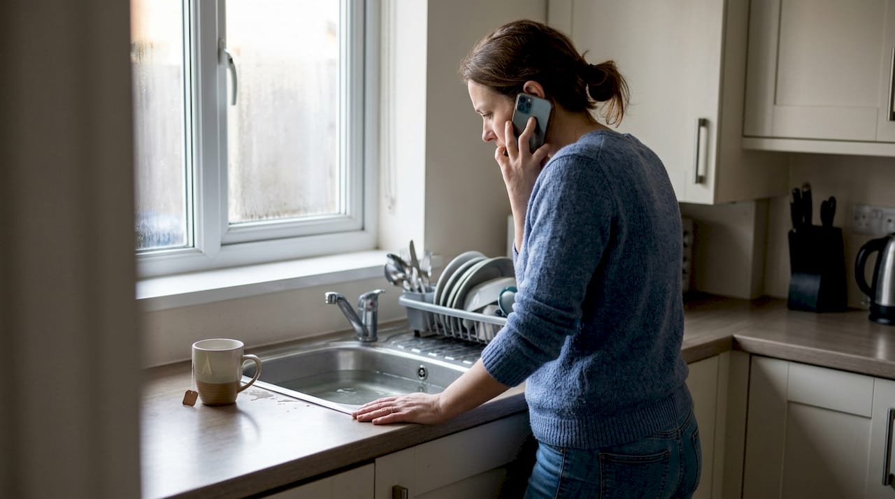 Homeowner on phone with blocked kitchen sink